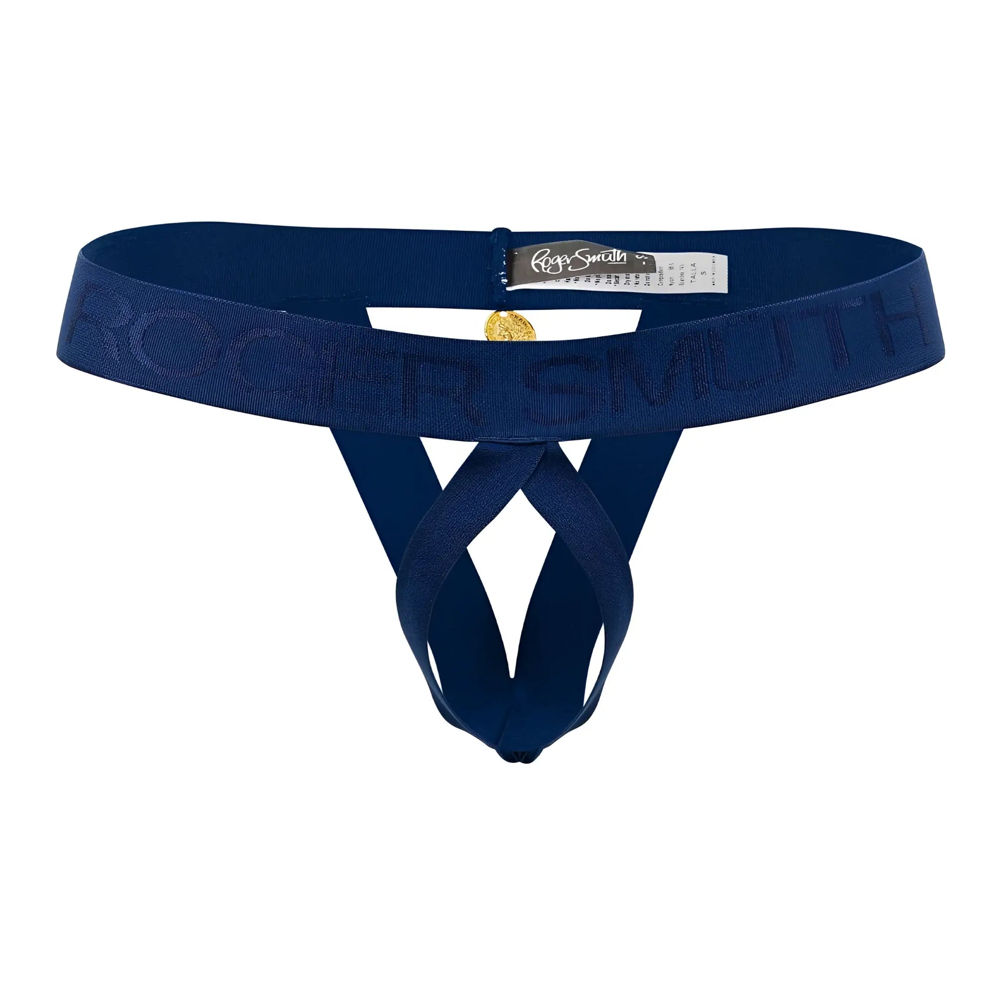 Deep navy blue elasticated thong ball lifter with embossed roger smith logo and gold tone charm at the front