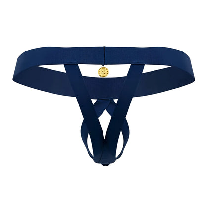 Navy blue elasticated thong with gold toned circular charm at center from Roger Smuth RS087 ball lifter collection
