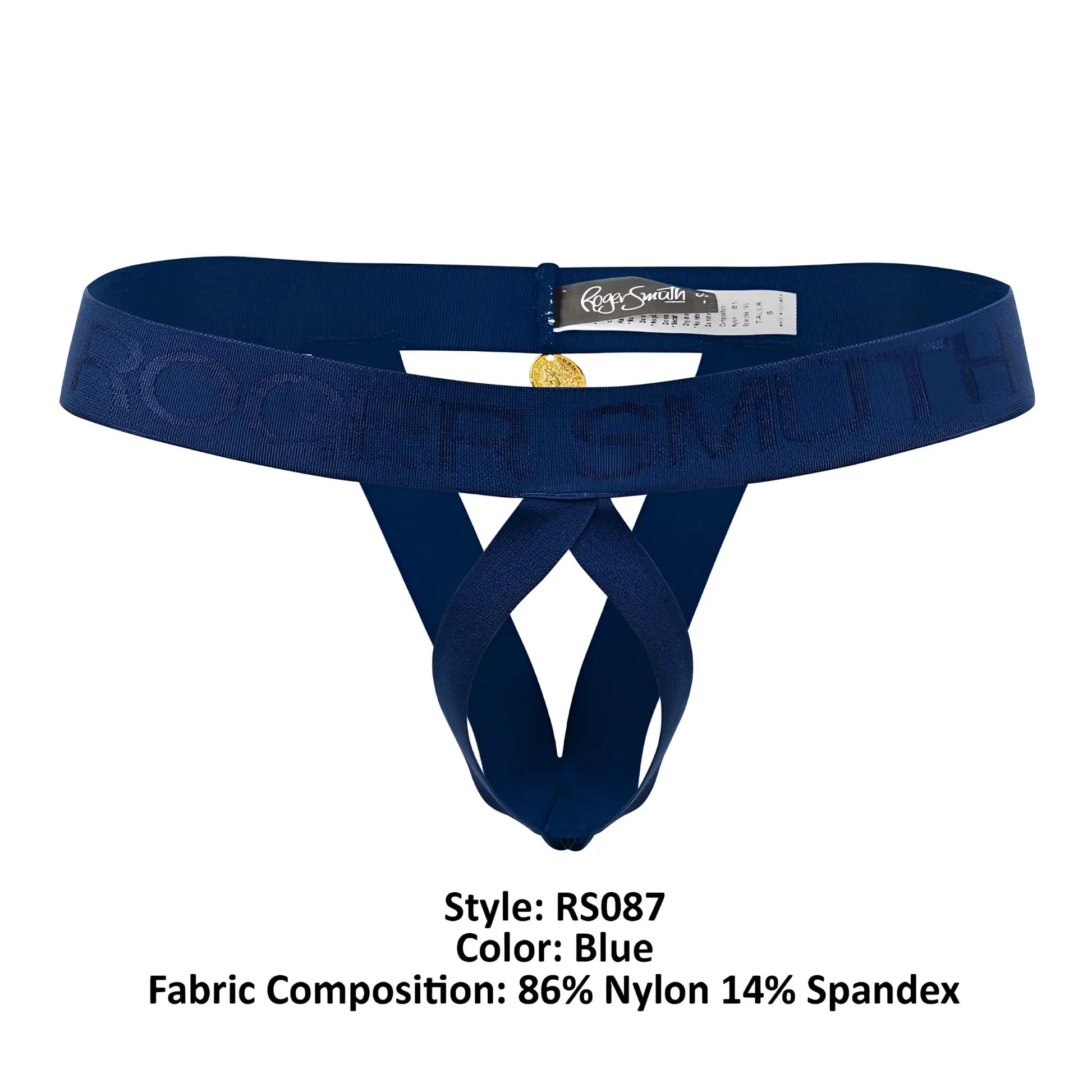 Navy blue roger smuth rs087 ball lifter thong for men with embossed logo and gold-tone metallic clasp