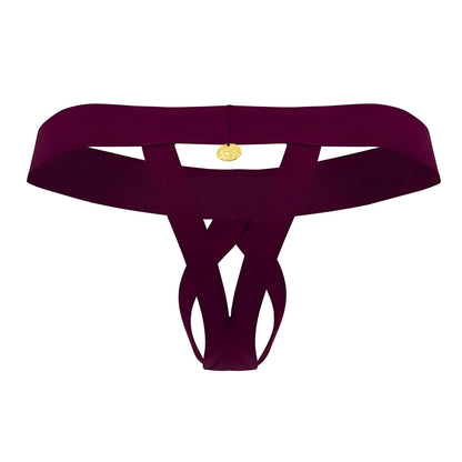 A deep burgundy satin Roger Smuth RS087 ball lifter thong with a gold coin charm at the center