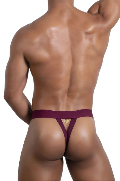 Maroon thong with gold emblem at waistband center from roger smuth rs087 ball lifter in burgundy color