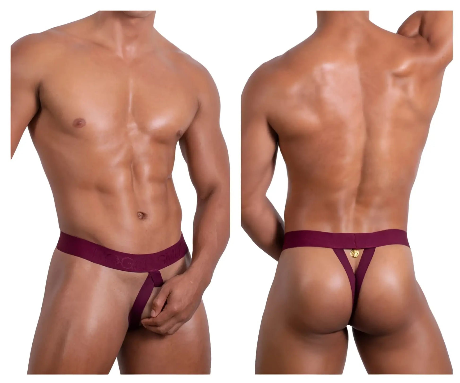 Back view of roger smuth rs087 ball lifter thong in maroon with gold logo detailing