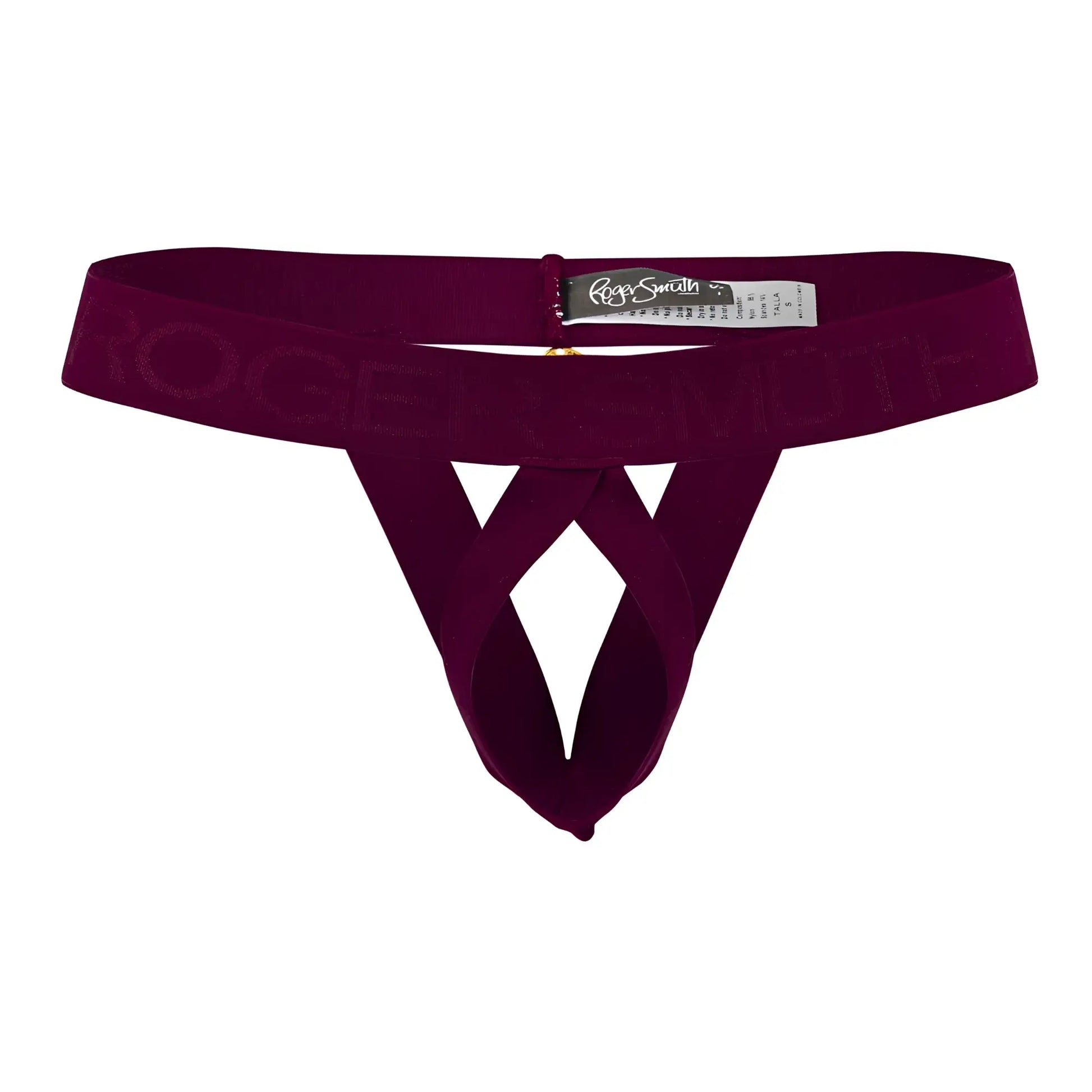A maroon velvet thong ball lifter with a crisscross design and rogersmith embossed waistband in burgundy