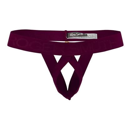 A maroon velvet thong ball lifter with a crisscross design and rogersmith embossed waistband in burgundy