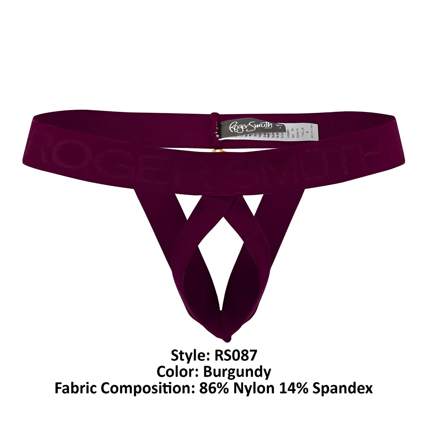 Burgundy velvet thong with subtle roger smith logo woven into the elastic waistband for ball lifting support
