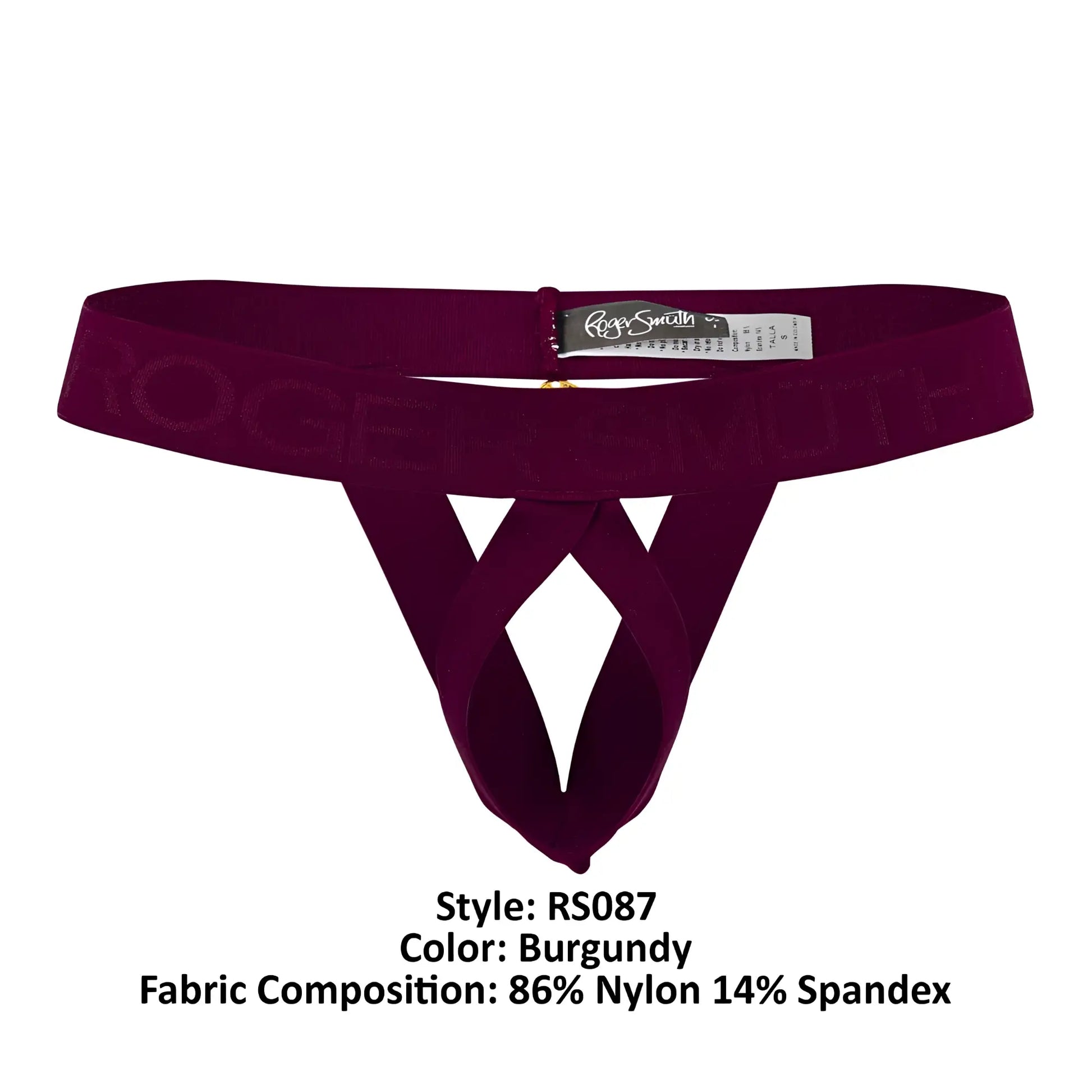 Burgundy velvet thong with subtle roger smith logo woven into the elastic waistband for ball lifting support