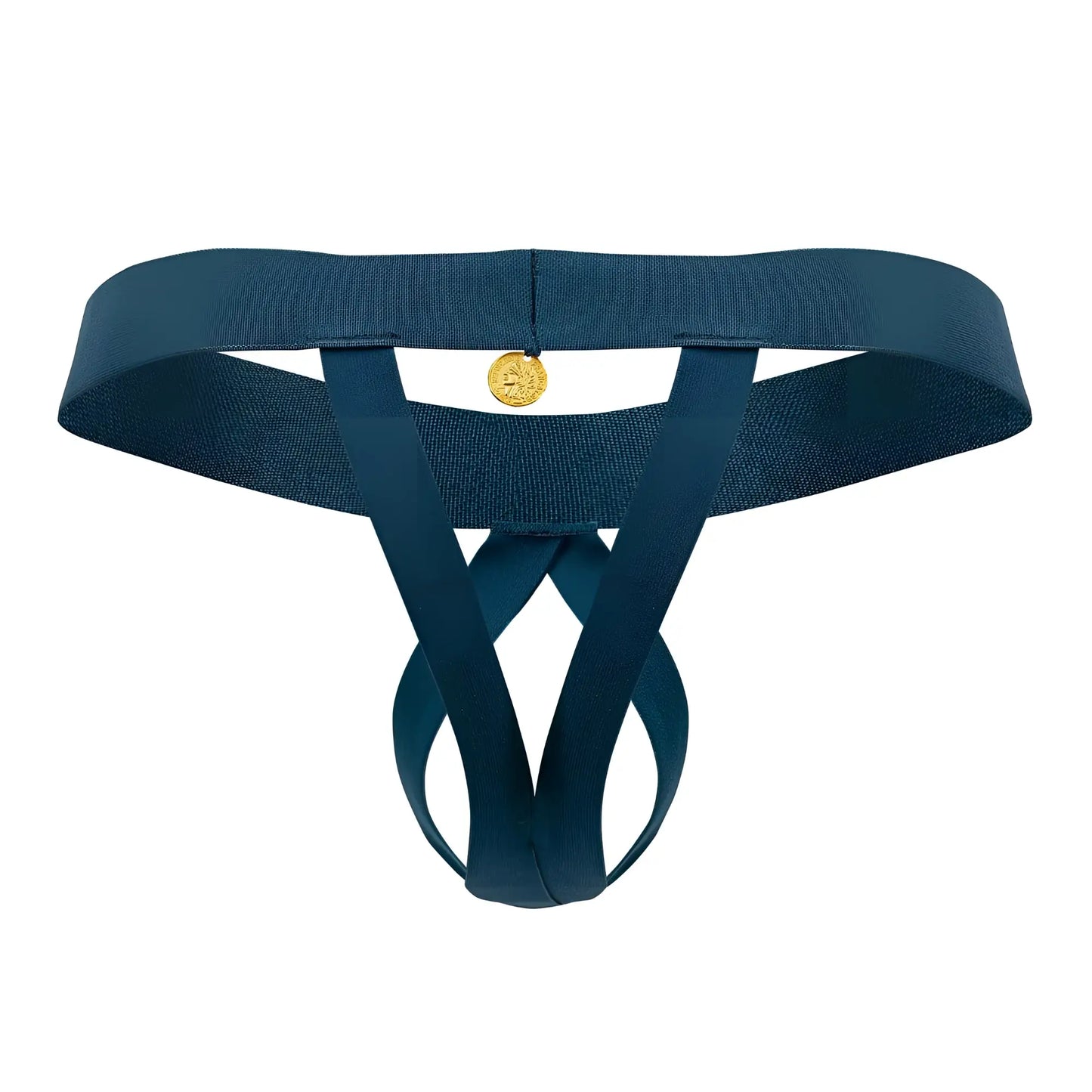 Dark blue elasticated thong with gold circular emblem at center by roger smuth rs087 ball lifter color green