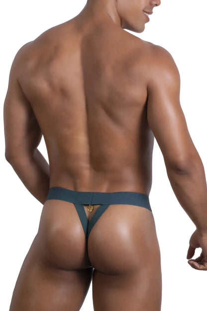 Dark teal roger smuth rs087 ball lifter thong with gold logo at center waistband in green color
