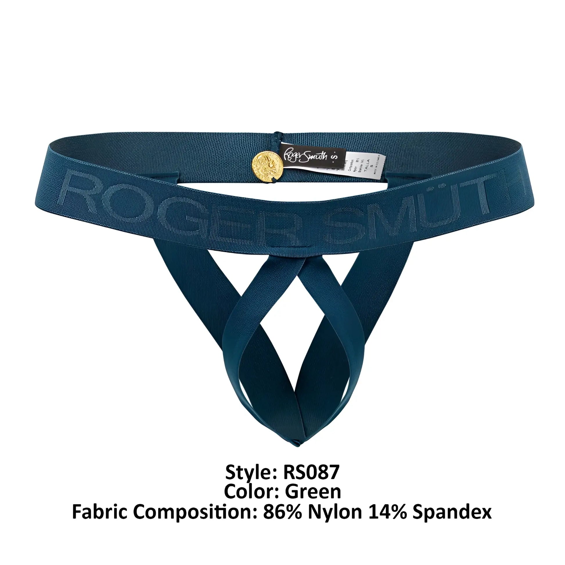 Teal roger smith rs087 thong made of nylon and spandex with gold-tone coin buckle in roger smuth rs087 ball lifter green