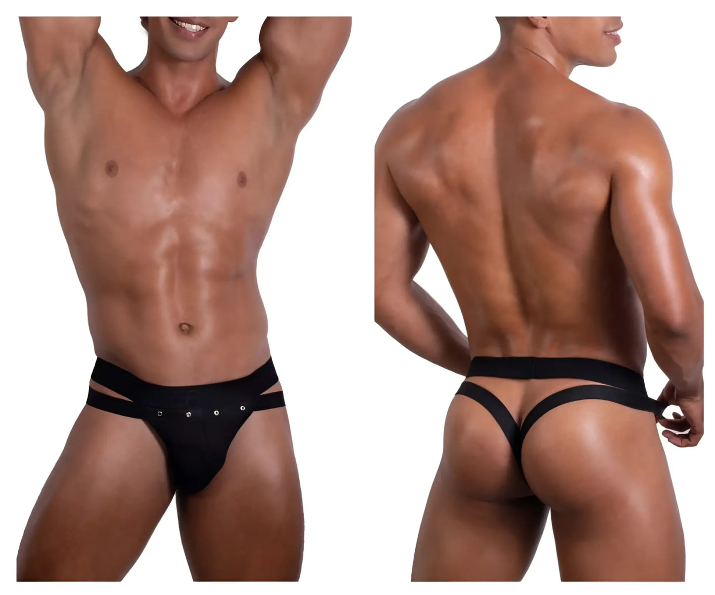 Black Roger Smuth RS088 jock-thong briefs with sleek fit and decorative silver studs along the side