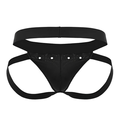 Black patent leather thong with adjustable straps and silver rivets from Roger Smuth RS088 jock-thong collection