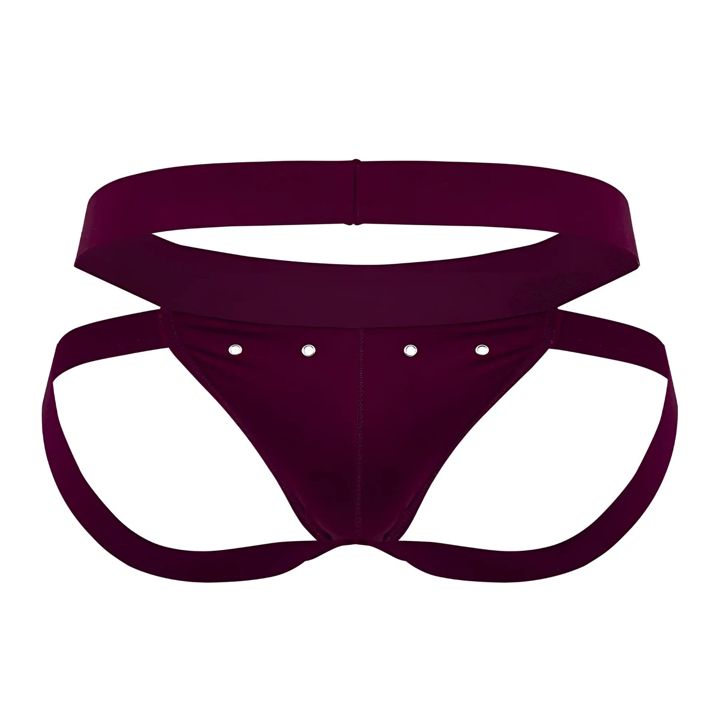 Roger Smuth RS088 jock-thong in deep burgundy velvet with wide waistband and four silver studs on front