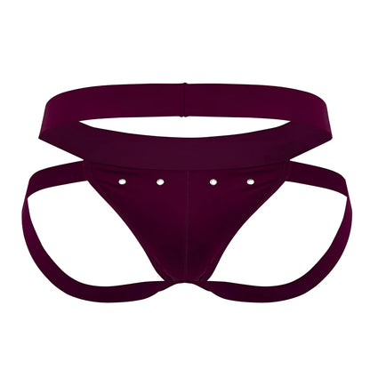 Roger Smuth RS088 jock-thong in deep burgundy velvet with wide waistband and four silver studs on front