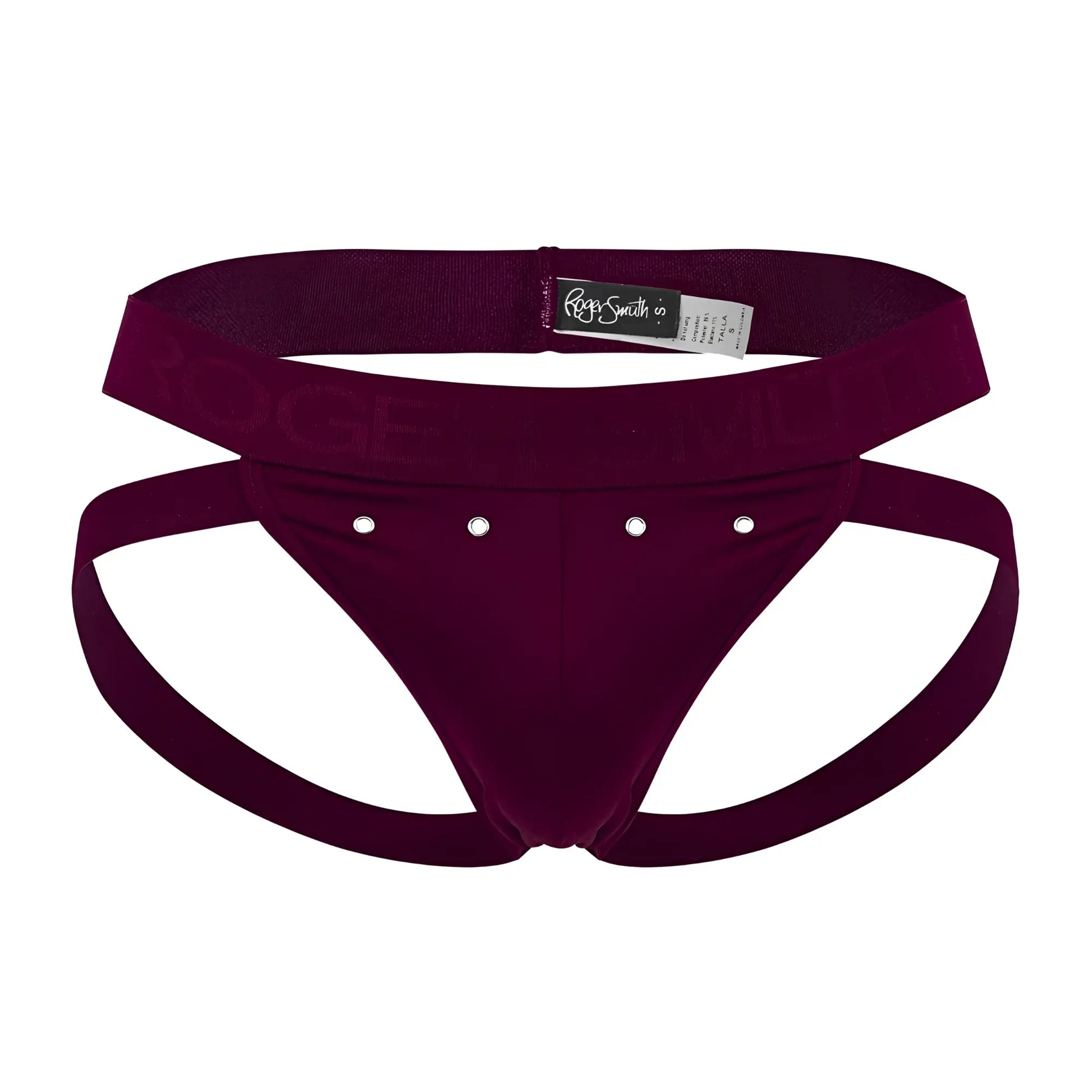 Maroon velvet athletic briefs with silver studs and roger smuth branded elastic waistband in burgundy color