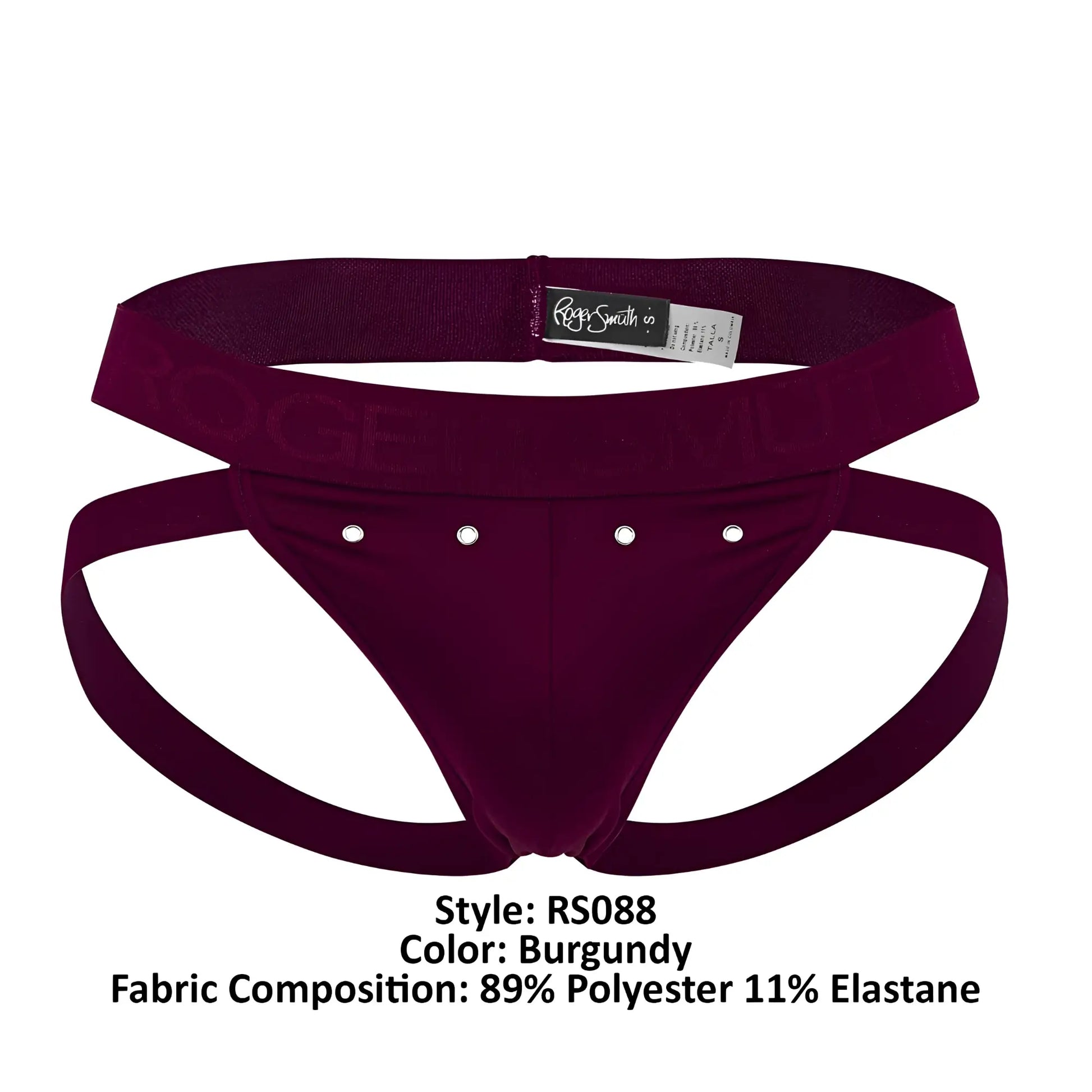 Burgundy roger smith men’s briefs rs088 jock-thong with supportive contoured design and three silver studs on front
