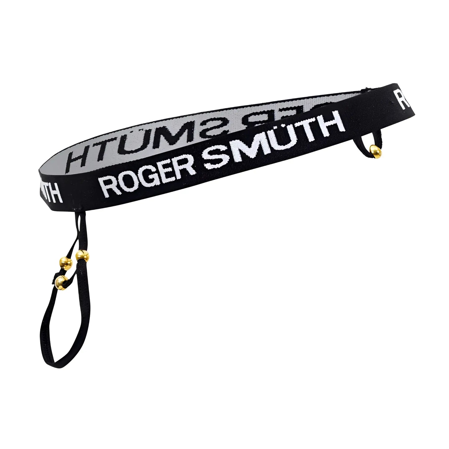 Black elastic roger smüth rs089 ball lifter belt with white branding and gold-tone bells on a black strap