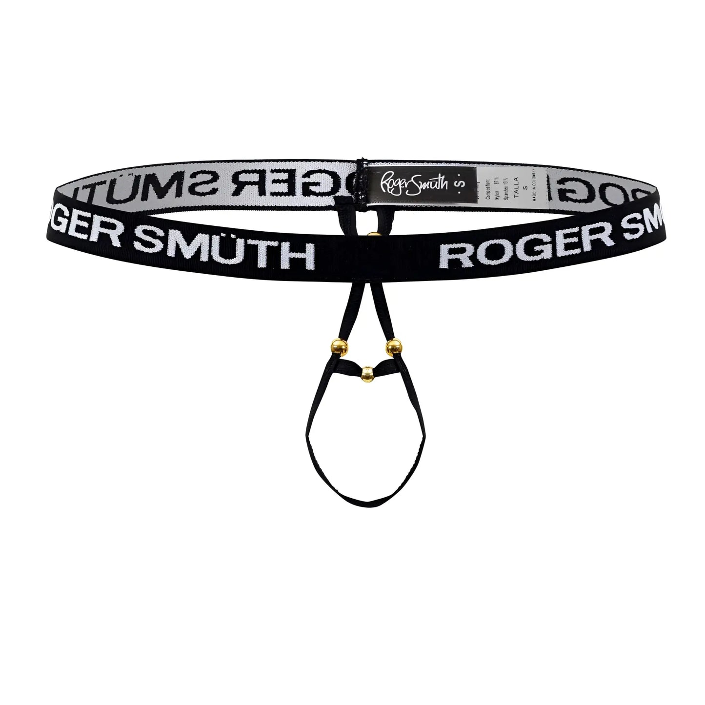 Black roger smith rs089 ball lifter men’s thong with white lettering and gold-tone hardware in black