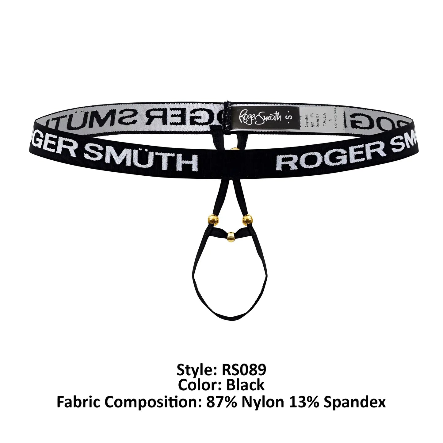 Black roger smuth rs089 ball lifter thong belt with bold white lettering on stretchy nylon spandex and gold hardware