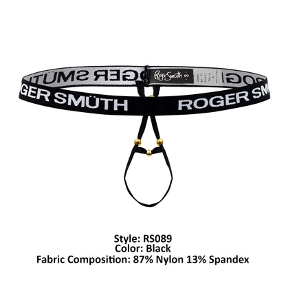 Black roger smuth rs089 ball lifter thong belt with bold white lettering on stretchy nylon spandex and gold hardware