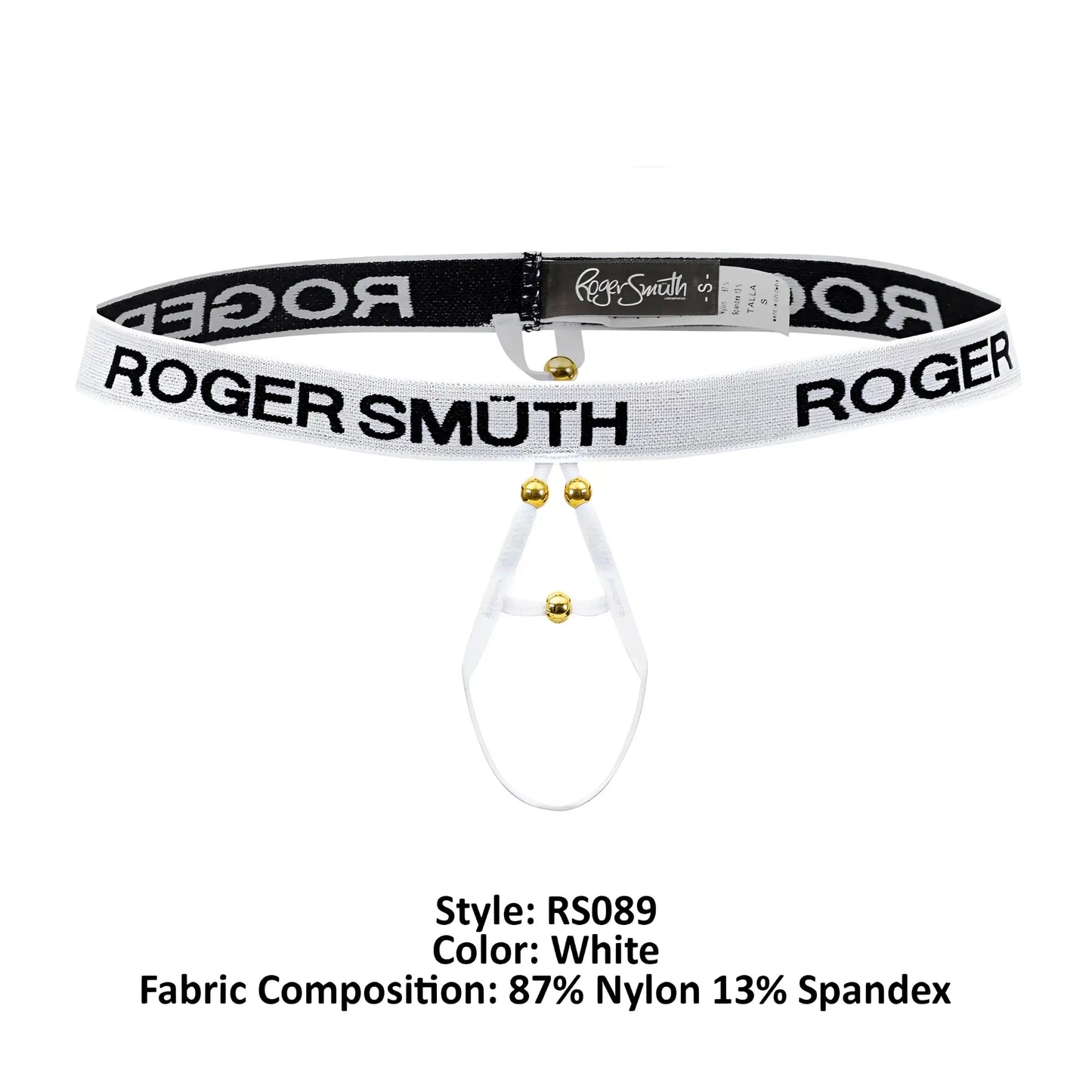 White roger smuth rs089 belt with black lettering and gold tone hardware for ball lifter use