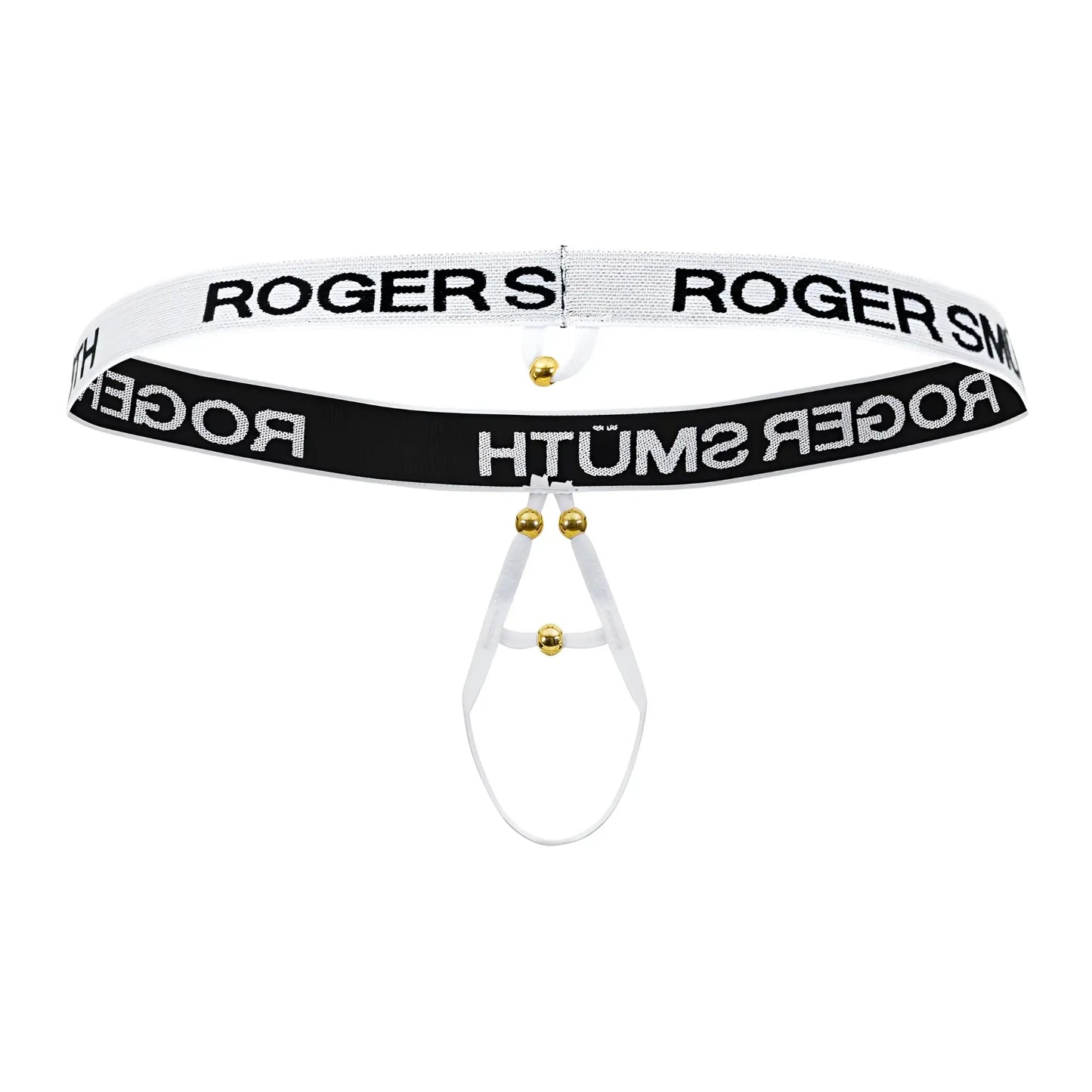 White and black striped elastic belt with gold-tone hardware by roger smuth rs089 ball lifter in white color