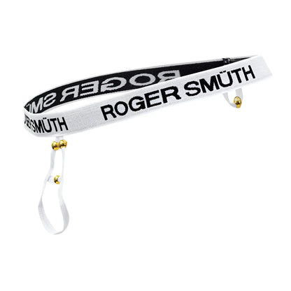 White elastic waistband ball lifter with black roger smüth lettering and gold-tone hardware in white color