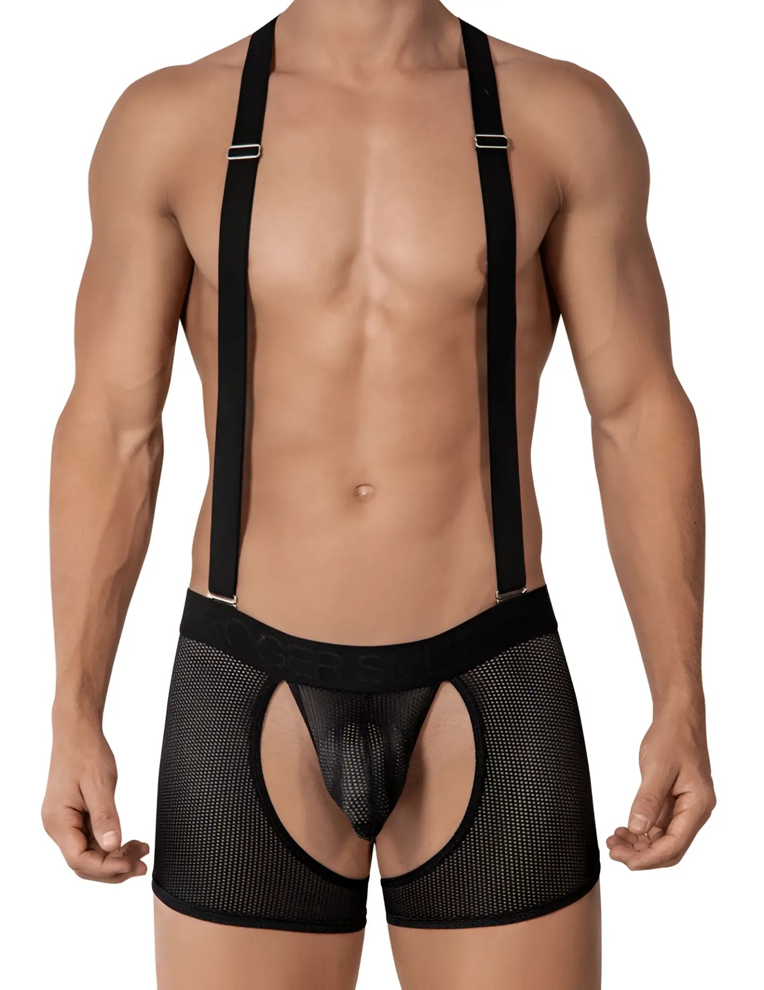 Black mesh briefs with suspenders from Roger Smuth RS017 underwear in size M showing front view