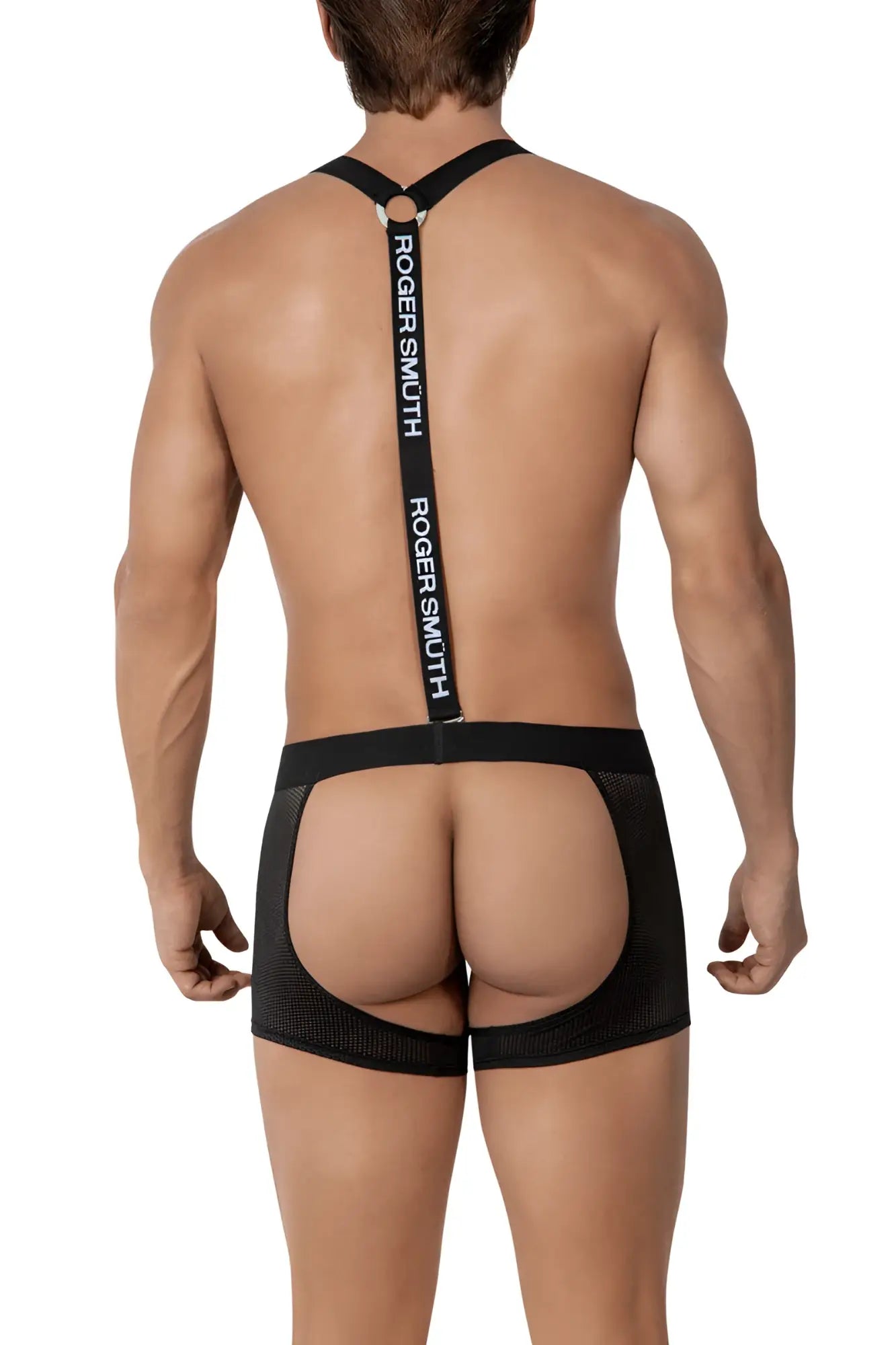 Black mesh briefs with a back strap featuring roger smuith branding in white from roger smuth suspenders RS017 size M