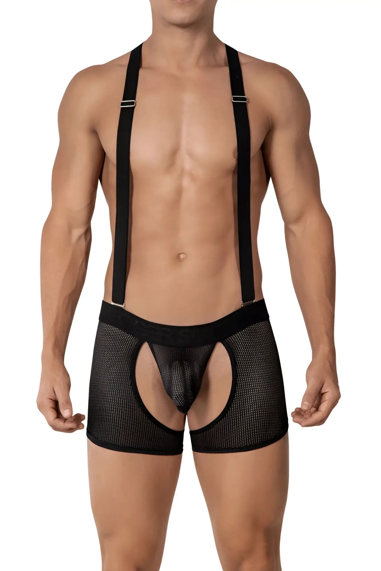 Roger smuth suspenders mesh chaps jock boxer in black with sheer breathable fabric and adjustable straps size m