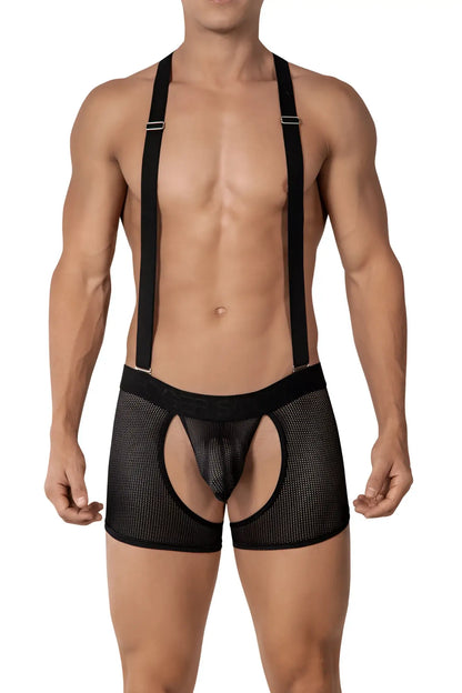 Roger smuth suspenders mesh chaps jock boxer in black with sheer breathable fabric and adjustable straps size m