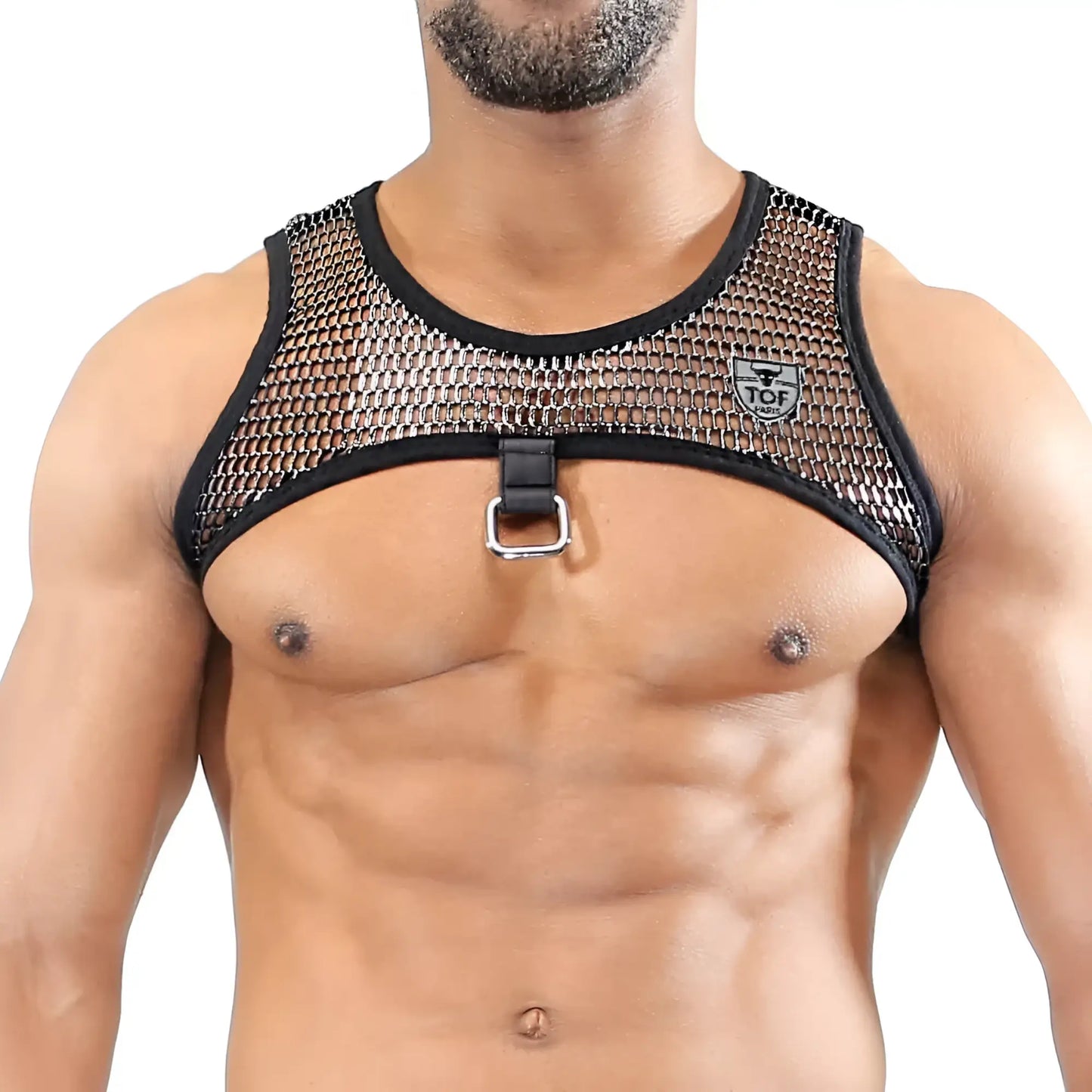 Black mesh roman harness with central metal buckle black trim and tof logo on the chest