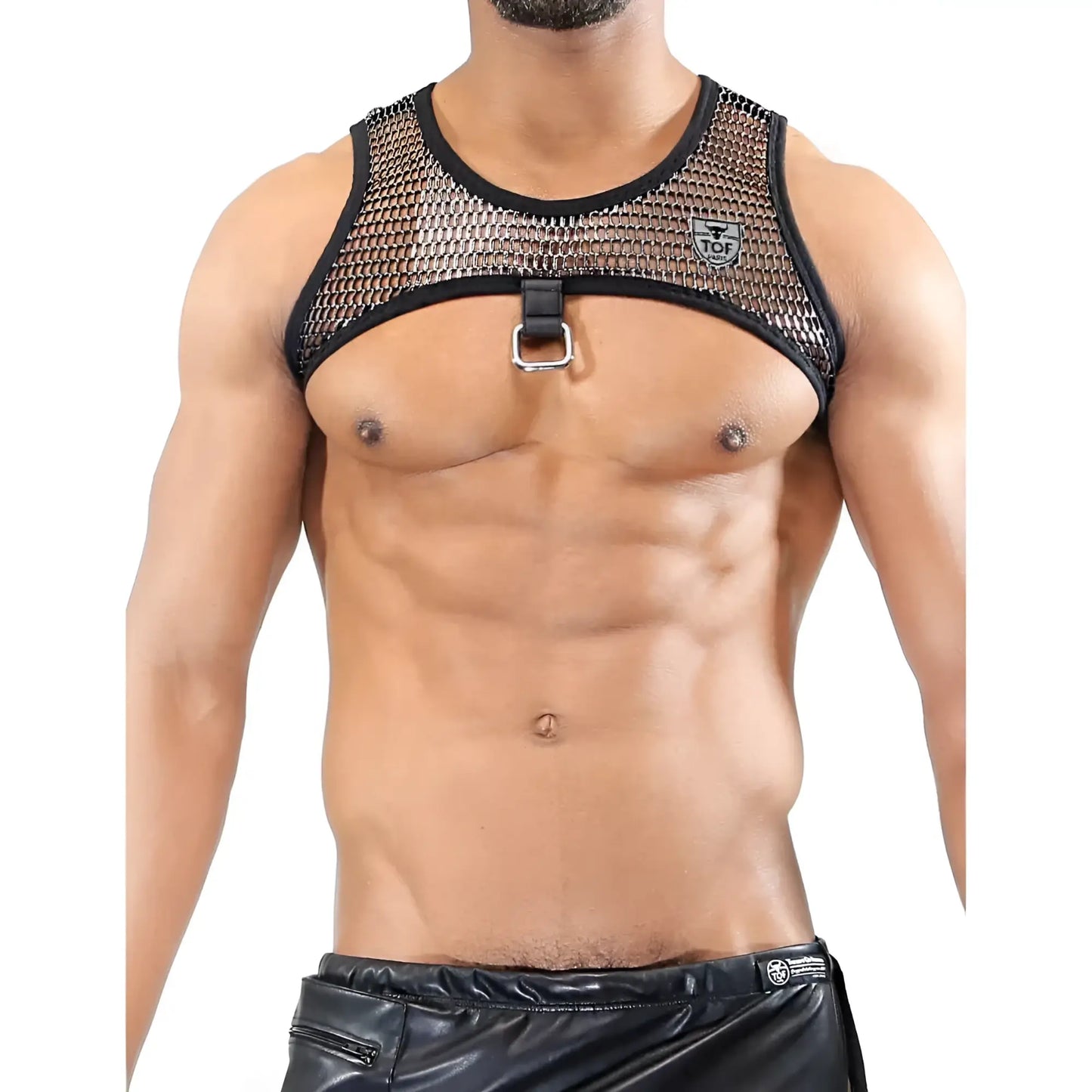 Black mesh Roman harness top with silver buckle and reinforced black trim shown from the back side