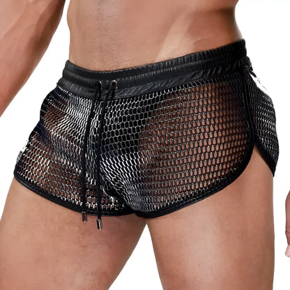 Roman shorts are black mesh shorts with a chain-link design and black leather trim for a bold stylish look