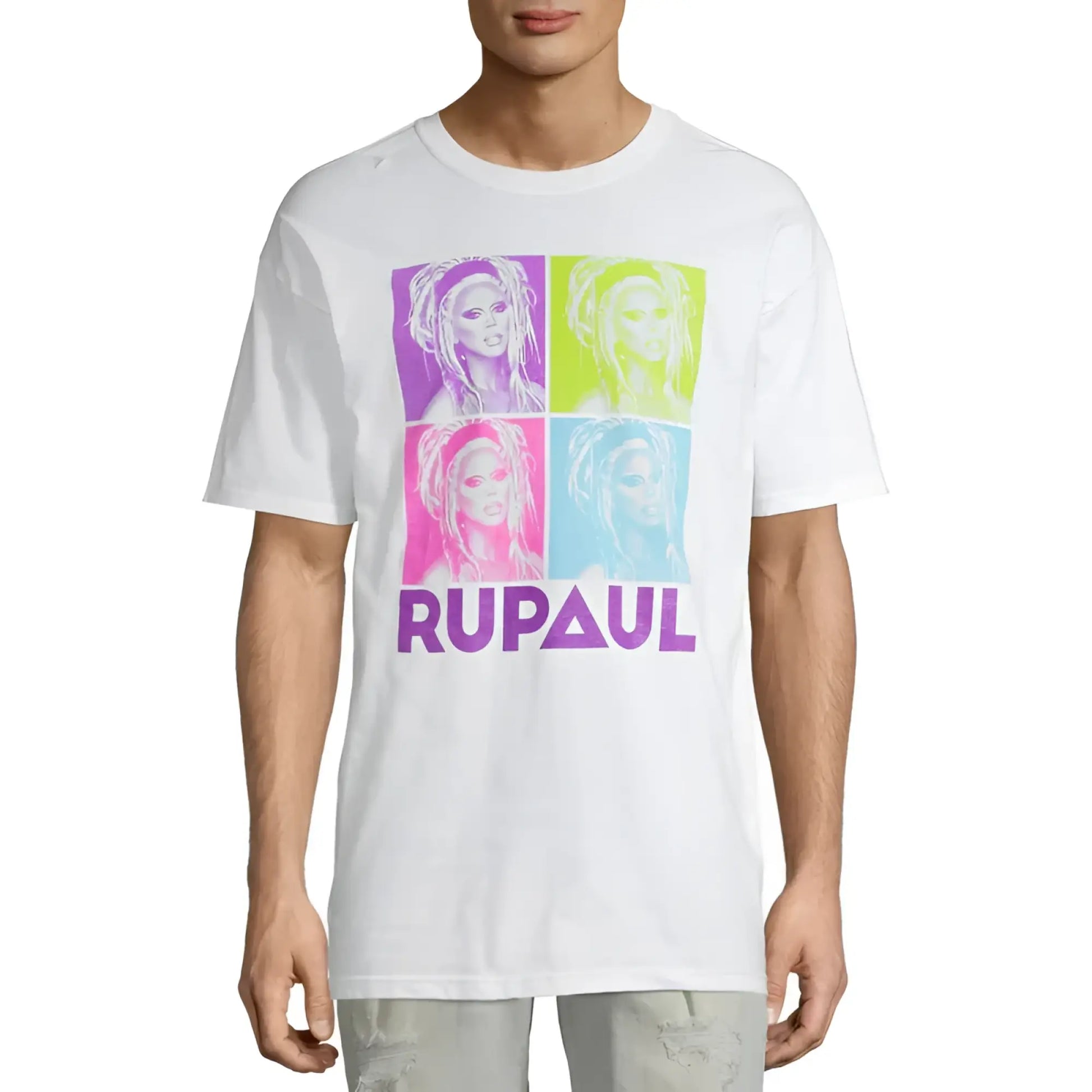 White cotton t-shirt featuring a vibrant rupaul pop-art graphic in purple lime green pink and cyan with rupaul printed below