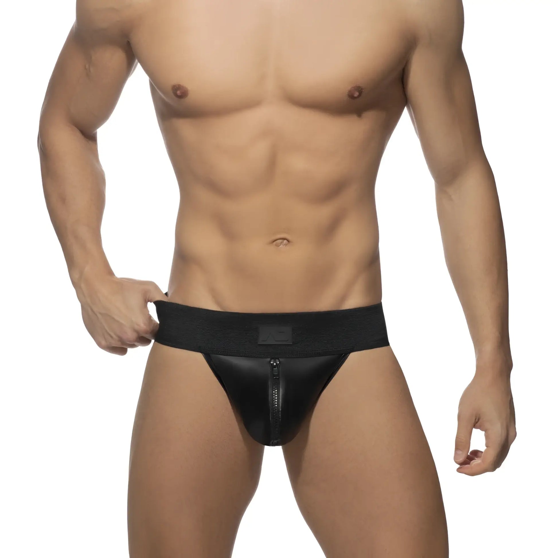 Black leather-like briefs with front zipper and elastic waistband for easy wear rub jock front zip product