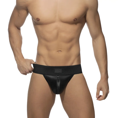 Black leather-like briefs with front zipper and elastic waistband for easy wear rub jock front zip product