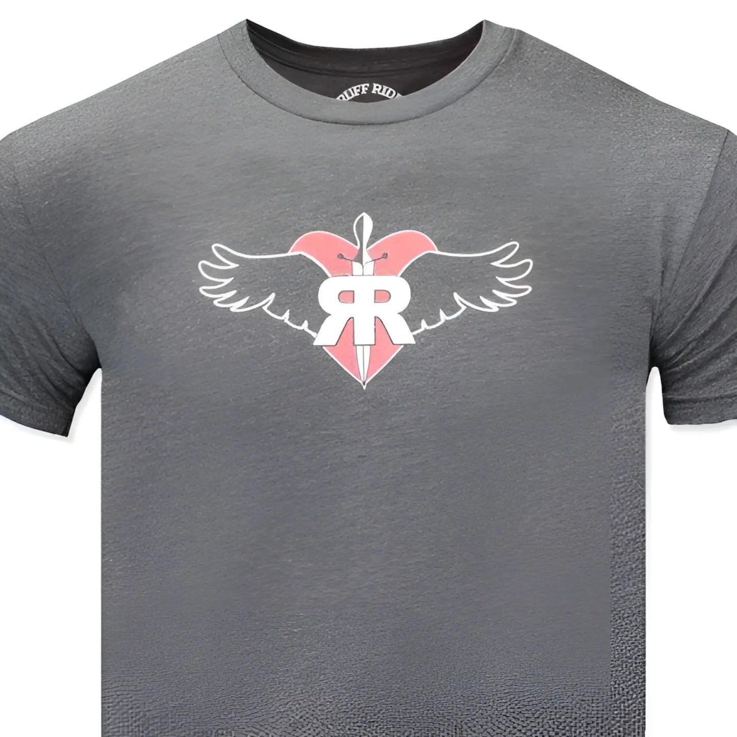 Gray heathered ruff riders commitment short sleeved t shirt with pink heart white wings and rr logo in size l