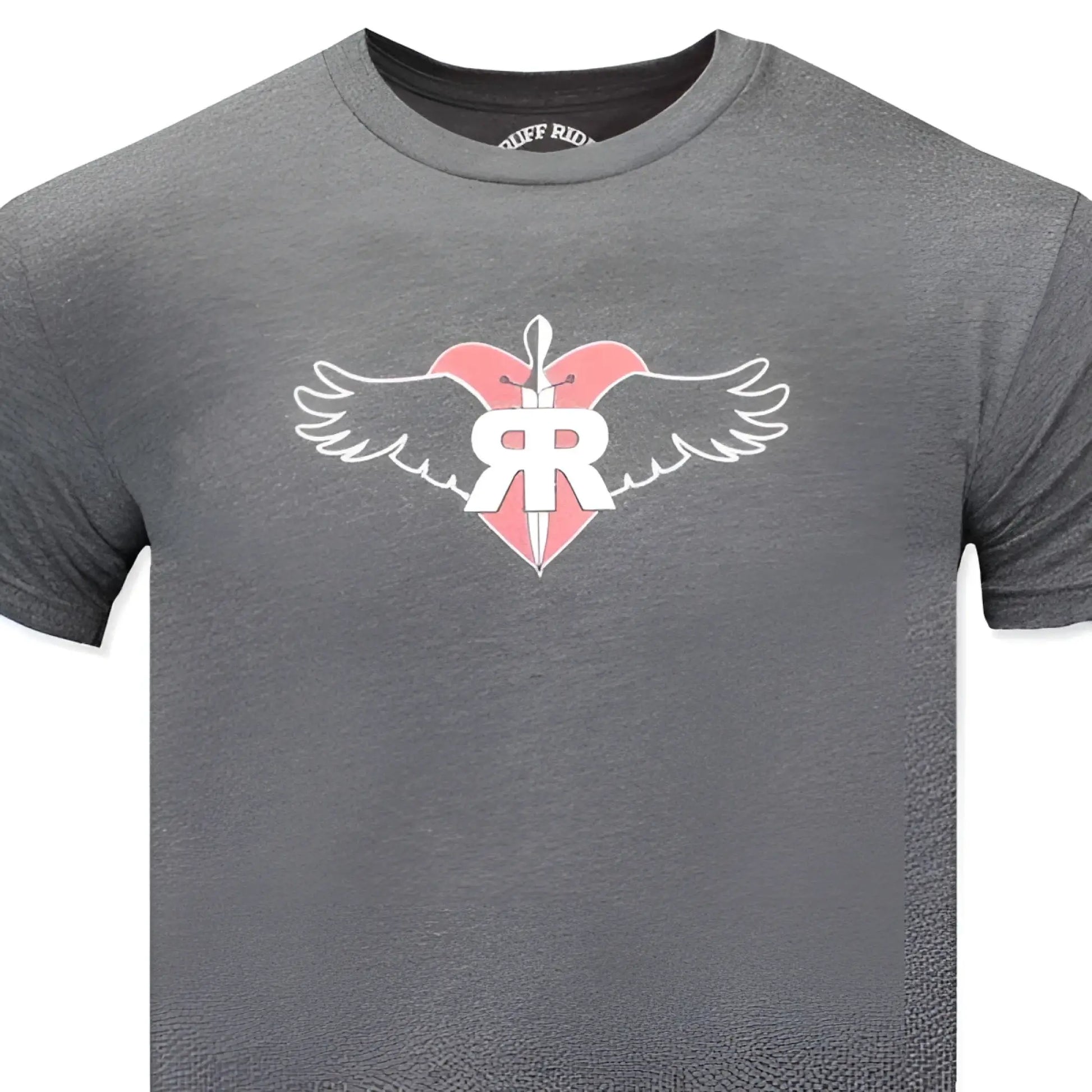 Gray heathered ruff riders commitment short sleeved t shirt with pink heart white wings and rr logo in size l