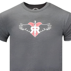 Gray heathered ruff riders commitment short sleeved t shirt with pink heart white wings and rr logo in size l