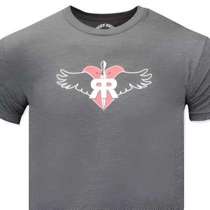 Gray heathered ruff riders commitment short sleeved t shirt with pink heart white wings and rr logo in size l