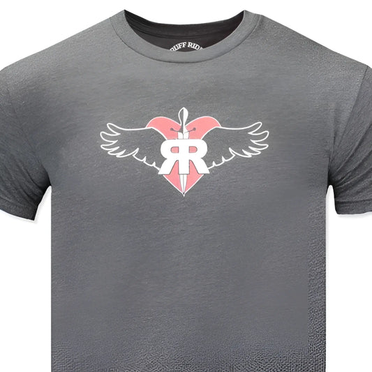 Gray heathered ruff riders commitment short sleeved t shirt with pink heart white wings and rr logo in size l
