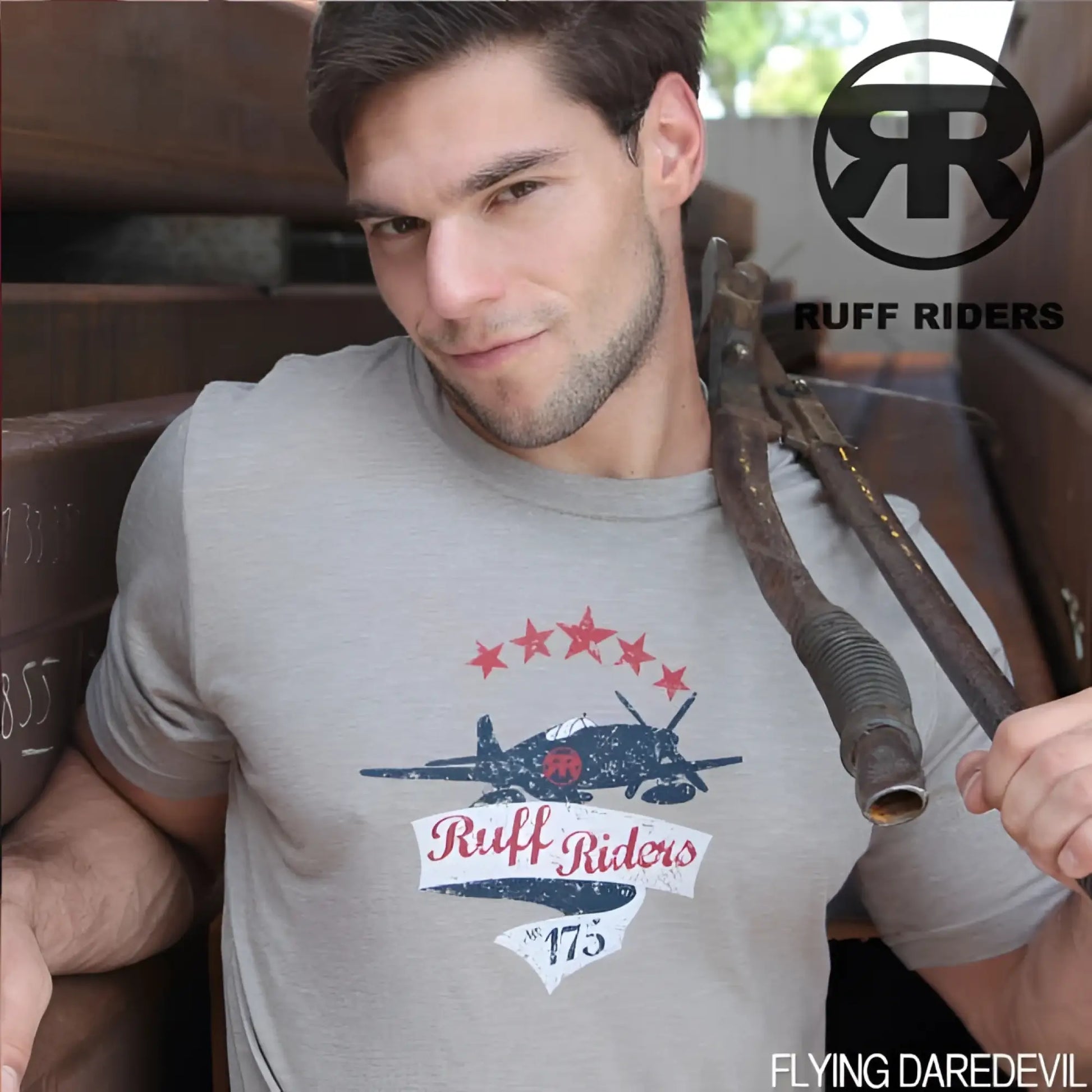 Ruff riders flying daredevil ash t shirt size L with navy airplane graphic red stars and white banner text