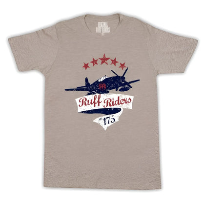 Heather gray ash ruff riders flying daredevil short sleeved t shirt with distressed navy airplane graphic and red stars size L