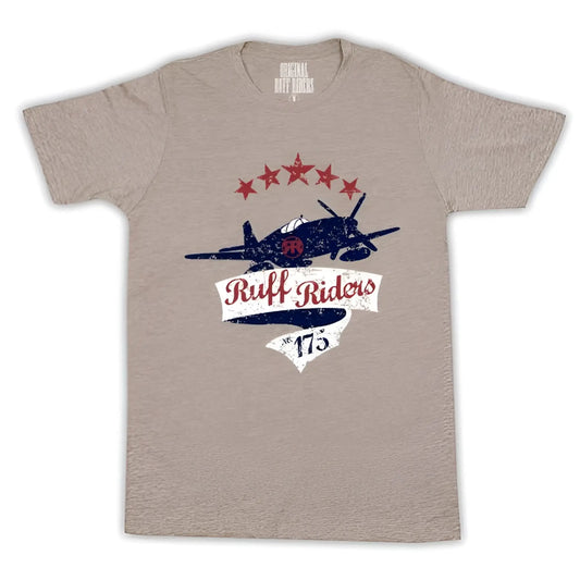 Heather gray ash ruff riders flying daredevil short sleeved t shirt with distressed navy airplane graphic and red stars size L