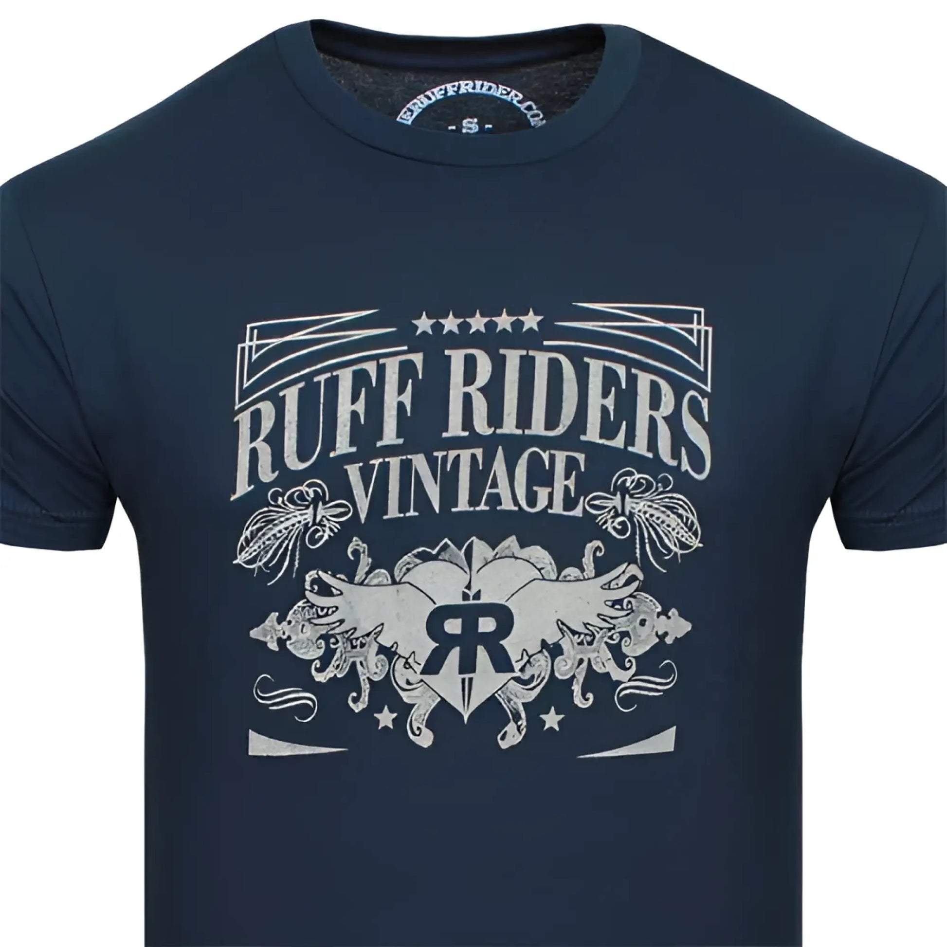 Dark blue cotton ruff riders legacy short sleeved t shirt with distressed white vintage graphic and winged emblem size m