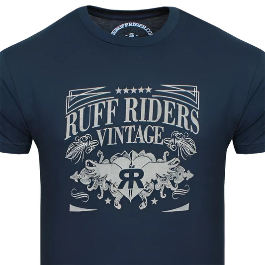 Dark blue cotton ruff riders legacy short sleeved t shirt with distressed white vintage graphic and winged emblem size m