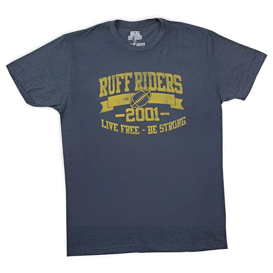 Dark heather blue ruff riders touchdown short sleeved t shirt with faded yellow 2001 football graphic size l