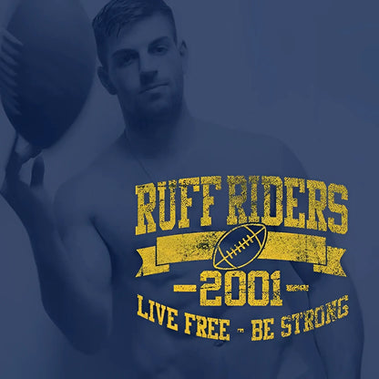 Yellow ruff riders 2001 football graphic tee with distressed lettering and banner design in size large short sleeve