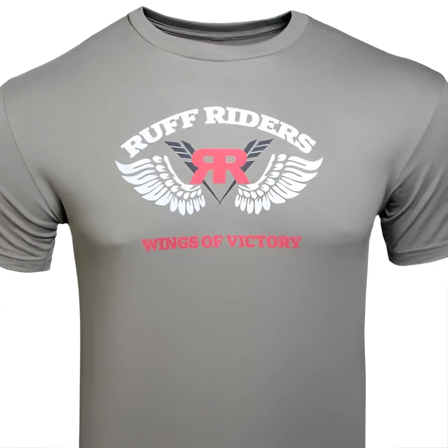 Gray short-sleeved t-shirt with white winged rr logo and pink ruff riders waves of victory text size m