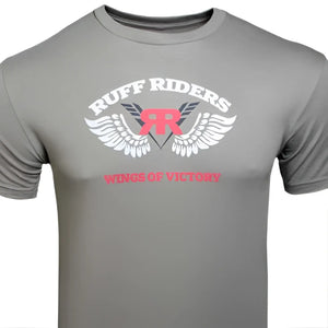 Gray short-sleeved t-shirt with white winged rr logo and pink ruff riders waves of victory text size m